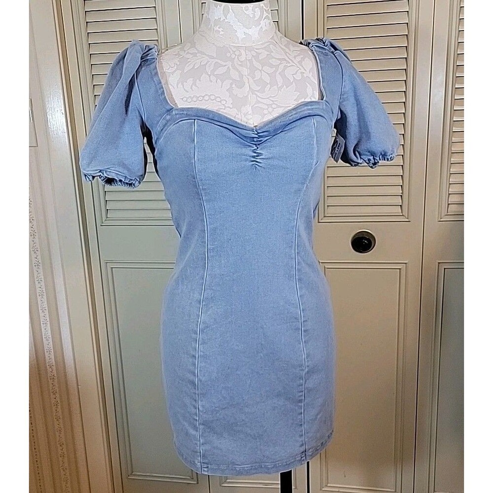 C'est Toi Lt Blue Jean Dress Puffy Sleeve Mini Skirt Stretchy Sz Large (Jr) NWT